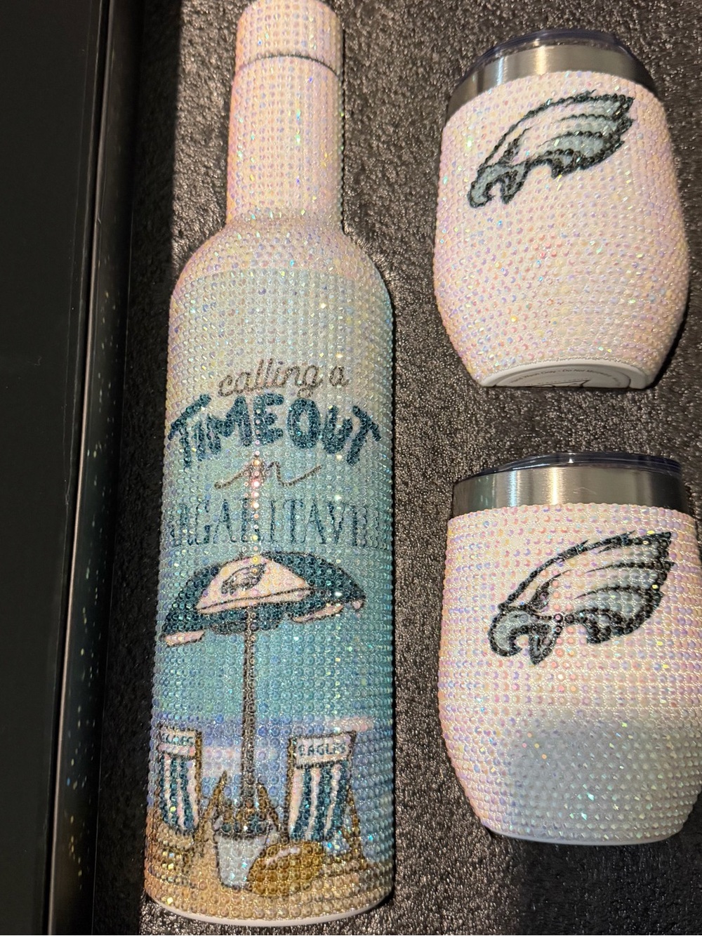 Eagles Bling White and Iridescent Rhinestone Wine Bottle & Tumbler Set